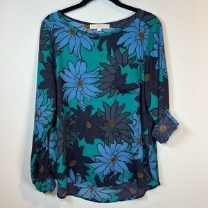 Loft Womens Floral Tunic Blouse Top Roll Tab Sleeve Chest Pocket Oversized Small